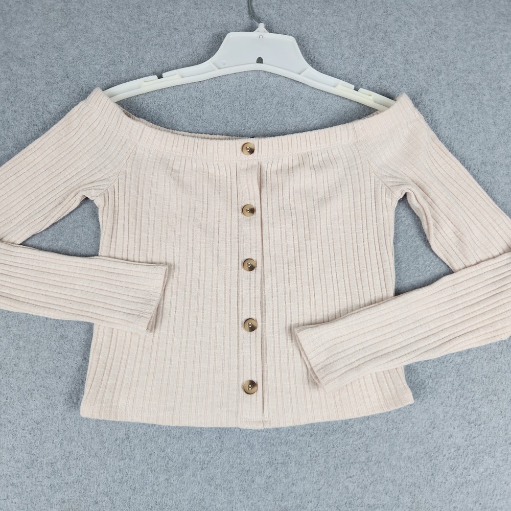 One Clothing Cropped Top Womens Medium Beige Off Shoulder Ribbed Button Front